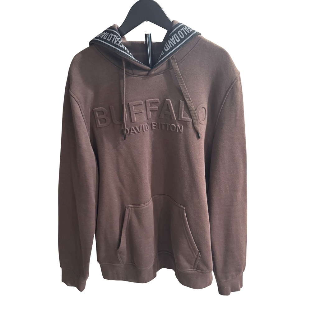 Buffalo David Bitton Mens Brown Embossed Logo Fleece Hoodie Sweatshirt Medium